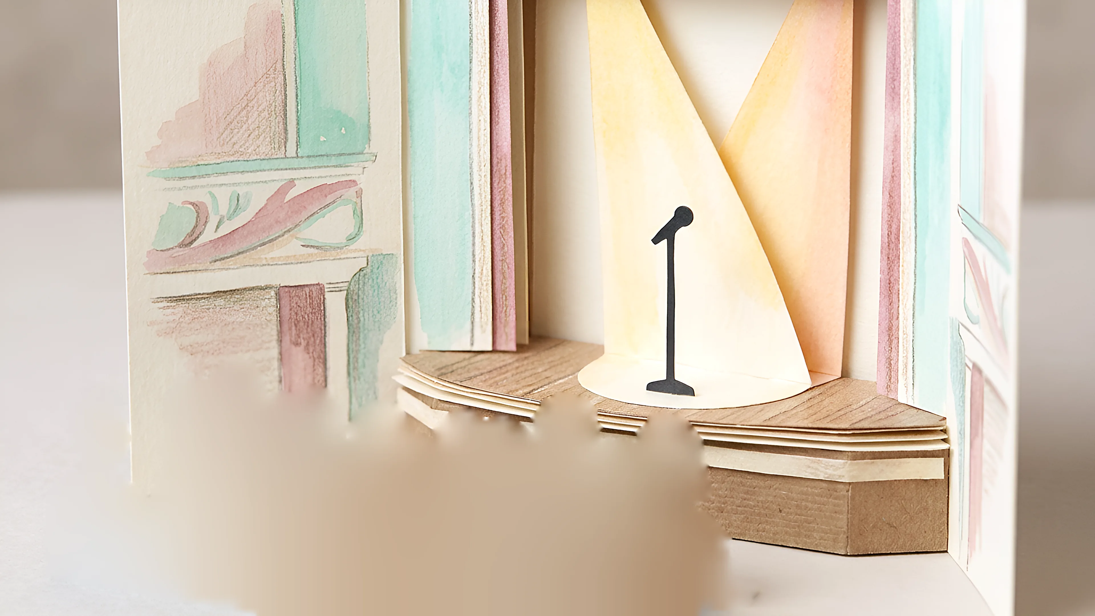 Paper theatre stage with soft light cones and a paper crowd