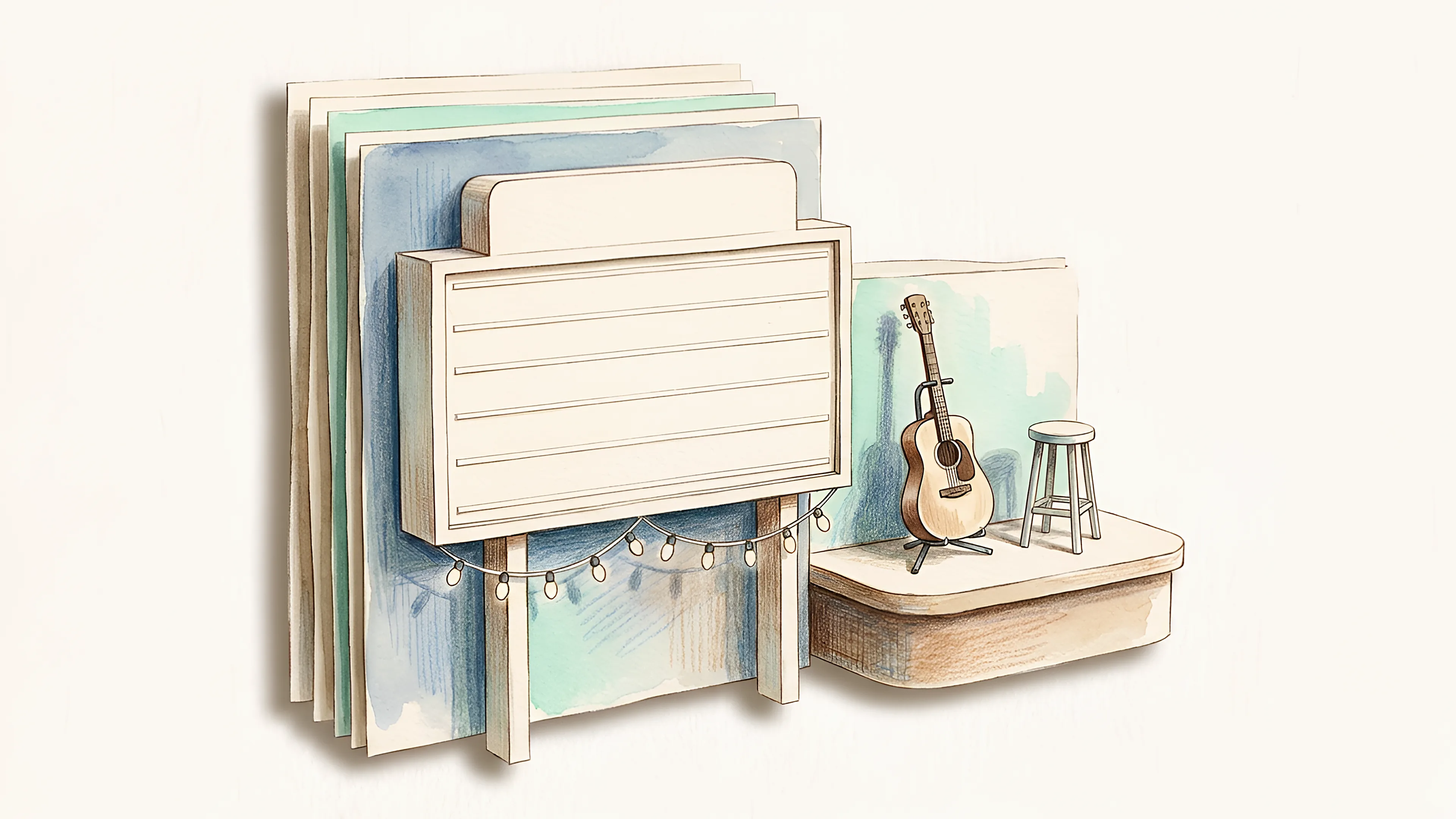 Paper letterboard on an easel beside a small stage with a guitar and a stool