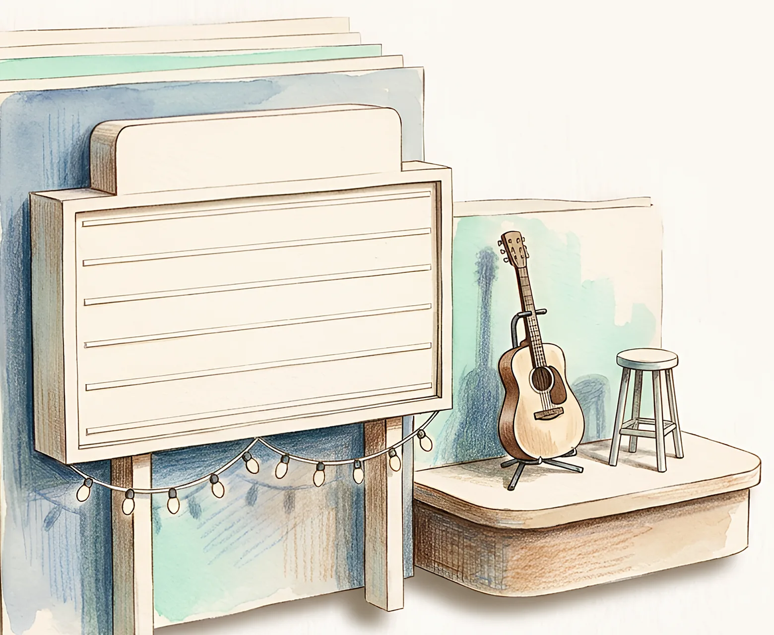 Paper letterboard beside a small stage with a guitar